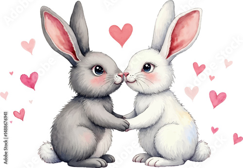 Watercolor illustration of a bunny couple gazing lovingly at each other surrounded by pastel hearts for a wedding celebration