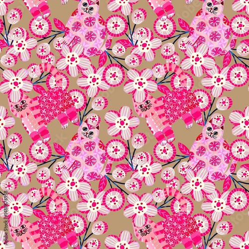 Seamless pattern with pink cats and cherry blossoms, floral kawaii design