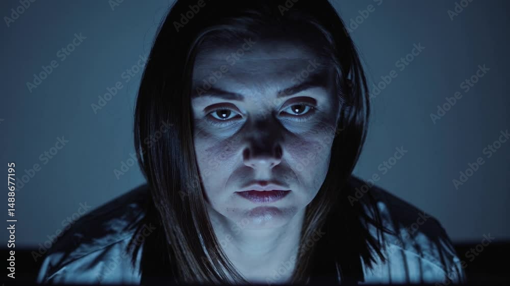 Femme fatiguée fixant un écran dans l’obscurité, ambiance numérique froide et silencieuse

