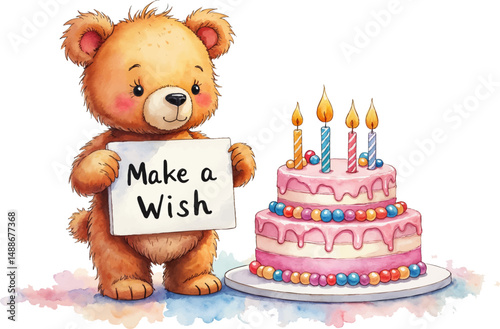 Bear celebrates a birthday holding a sign that says Make a Wish beside a pastel decorated cake with candles