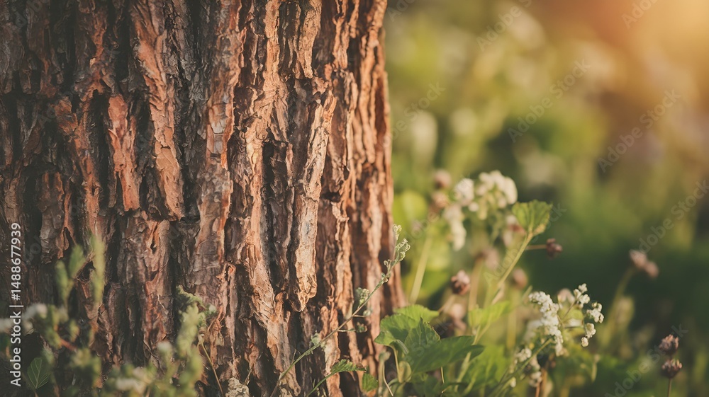 Fototapeta premium Tree Trunk with Flowers: Close-up of Bark Texture in a Natural Setting