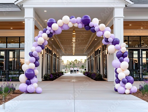 Lavender and cream-colored balloon arch at modern courtyard entrance, surrounded by warm white pavers and small modern shrubbery
