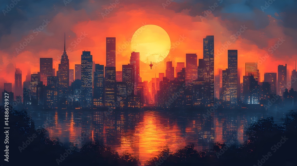 Fototapeta premium Flat vector art of a modern city skyline at twilight with lights