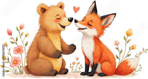 Bear and fox share a joyful laugh surrounded by pastel flowers, perfect for celebrating newlyweds in a whimsical style