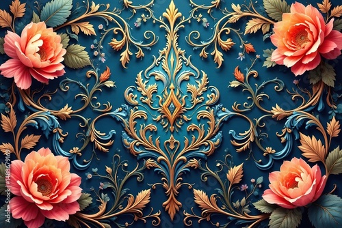Intricate floral damask, swirling vines & leaves, decoration, illustration