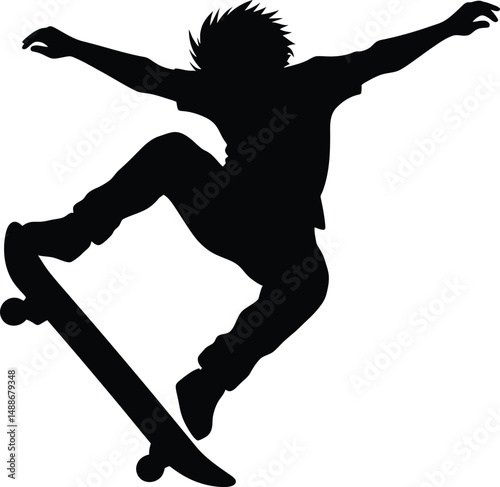 black silhouette of person riding skateboard,smooth abstract background,high contrast,dramatic lighting,sleek minimalist design
