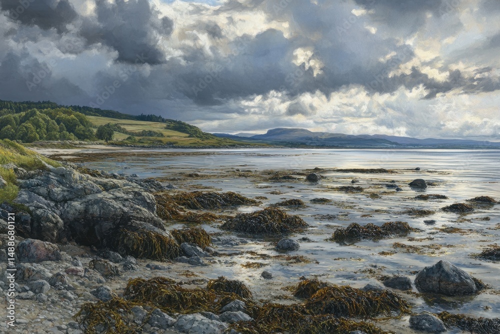 Obraz premium Coastal landscape showcasing rocky shore and seaweed at a tranquil waters edge under dramatic skies, Coastal landscape with rocky shore, seaweed, and distant hills under cloudy sky