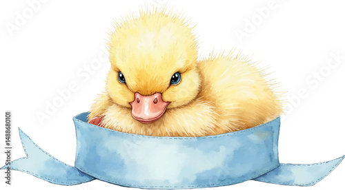 Cute baby duckling nestled in soft blue ribbon for birth celebration illustrations