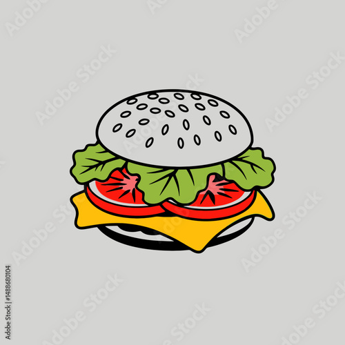 Beef cheeseburger with lettuce, tomato, and onion on a sesame bun, isolated on white