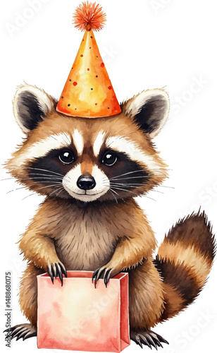 Festive raccoon celebrating with a pastel gift bag in a cheerful watercolor illustration