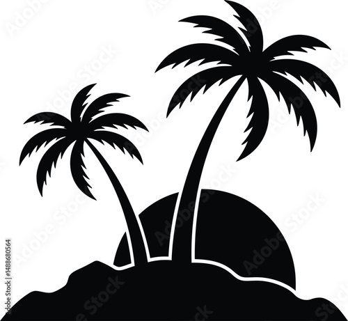 palm tree silhouette, tropical landscape, sunset island, black and white design, minimalist illustration
