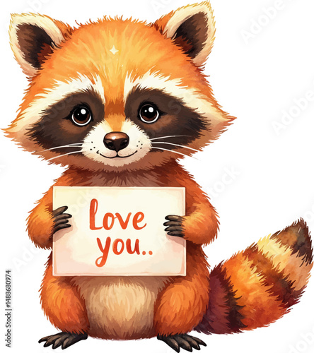 Raccoon holds a love you card surrounded by softly glowing stars in gentle tones against a white background