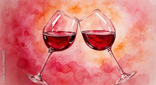 Watercolor painting of wine glasses clinking, rich red tones with soft brush strokes and abstract background