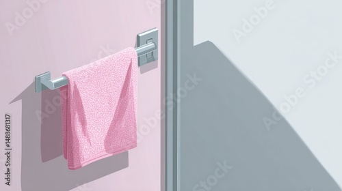 Pink towel hanging on a towel bar in a bathroom