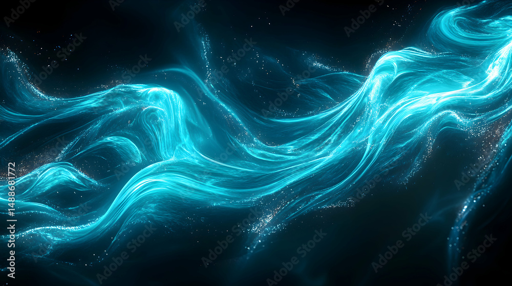 Fototapeta premium Luminous Blue Waves with Sparkling Particles on Dark Background