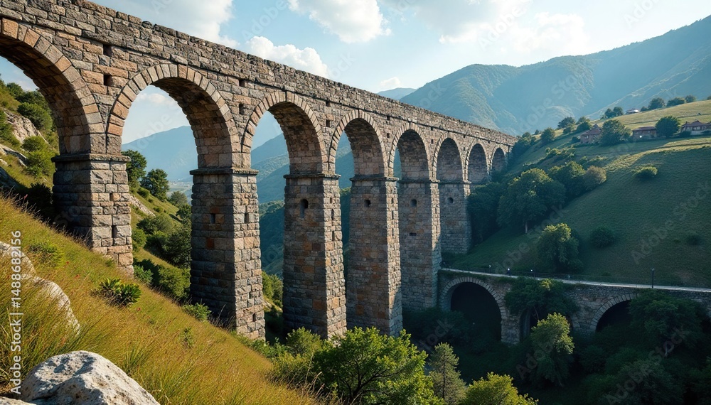 Obraz premium Roman aqueduct, weathered stone arches spanning valley, heritage, empire