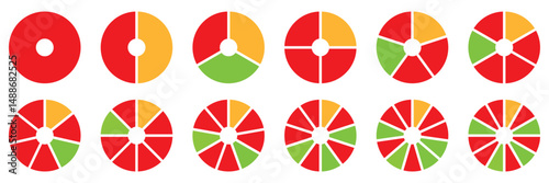 Set of infographic circle chart, pies segmented with equal parts, Wheels divided in eleven sections, Wheel round diagram part symbol. Three phase, six circular cycle. Geometric element. eps 10
