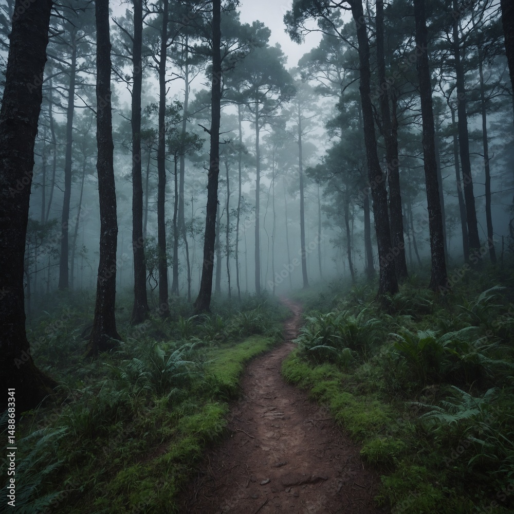 Fototapeta premium A green path winds through the misty autumn woods