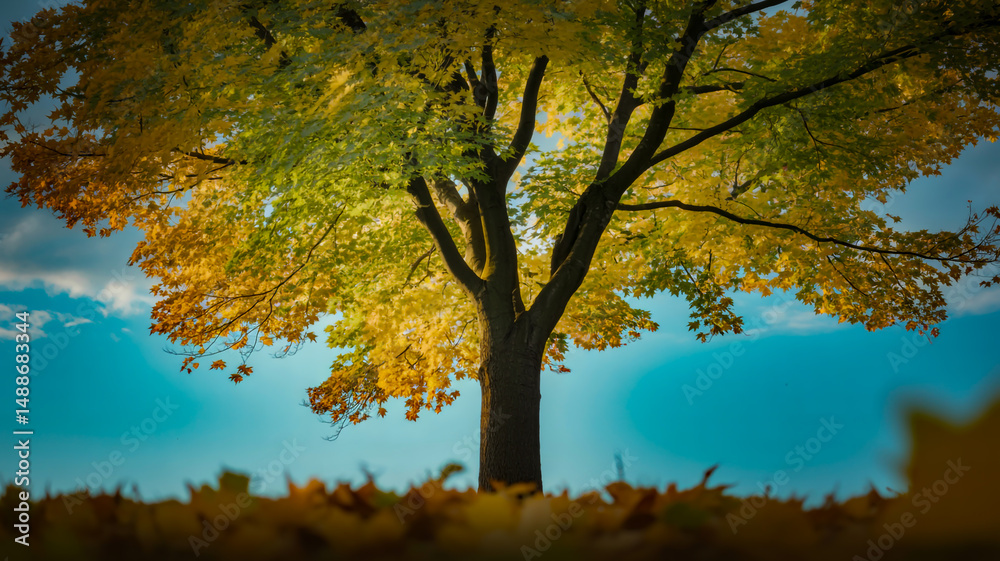 Fototapeta premium A dramatic nature photograph looking upward through autumn tree branches against a turquoise blue sky