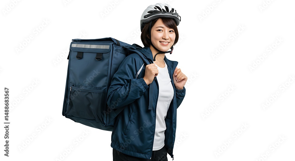 Enthusiastic Female Delivery Courier with Large Backpack Isolated on White Background Ready to Deliver Food and Packages Safely and Efficiently to Customers Enthusiastic Female Delivery Courier with Large Backpack Isolated on White Background Ready to Deliver Food and Packages Safely and Efficiently to Customers
