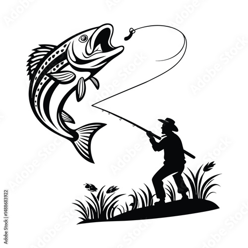 Dynamic Black and White Fishing. Victor Art Illustration