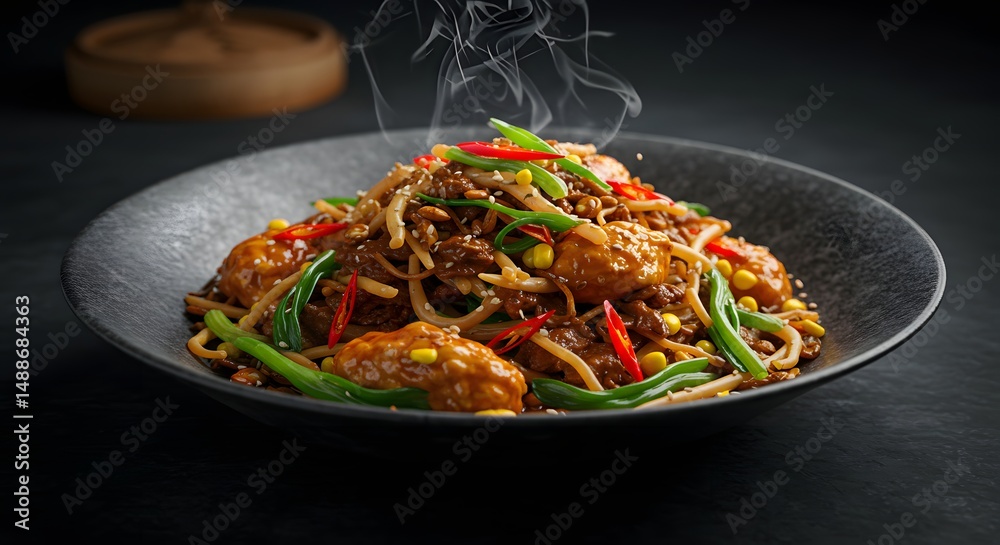 Savory Stir-Fry A Delicious Blend of Ground Meat, Vegetables, and Noodles in a Rich Sauce, Steaming Hot and Ready to Serve