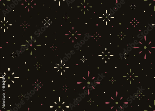 seamless pattern with stylized firework bursts. Festive dark background with traditional folk or Scandinavian ornaments for textile prints, wrapping paper, or web design