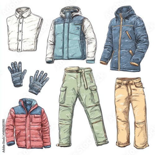 Winter apparel collection jackets, pants, shirt, gloves