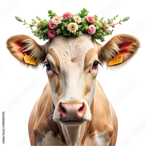 portrait adorable cow with flowers crown on head isolated on transparent background