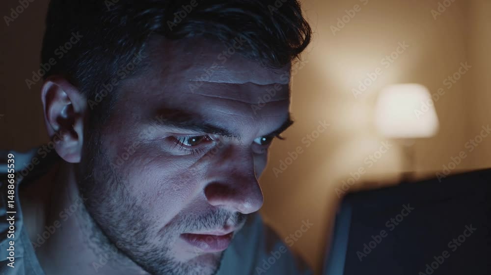 Homme absorbé par son écran dans une pièce sombre, scène nocturne de concentration numérique

