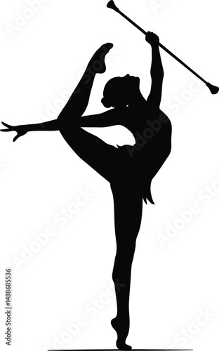 Silhouette of a Baton Twirler in Dance Pose – Rhythmic Gymnastics Illustration

