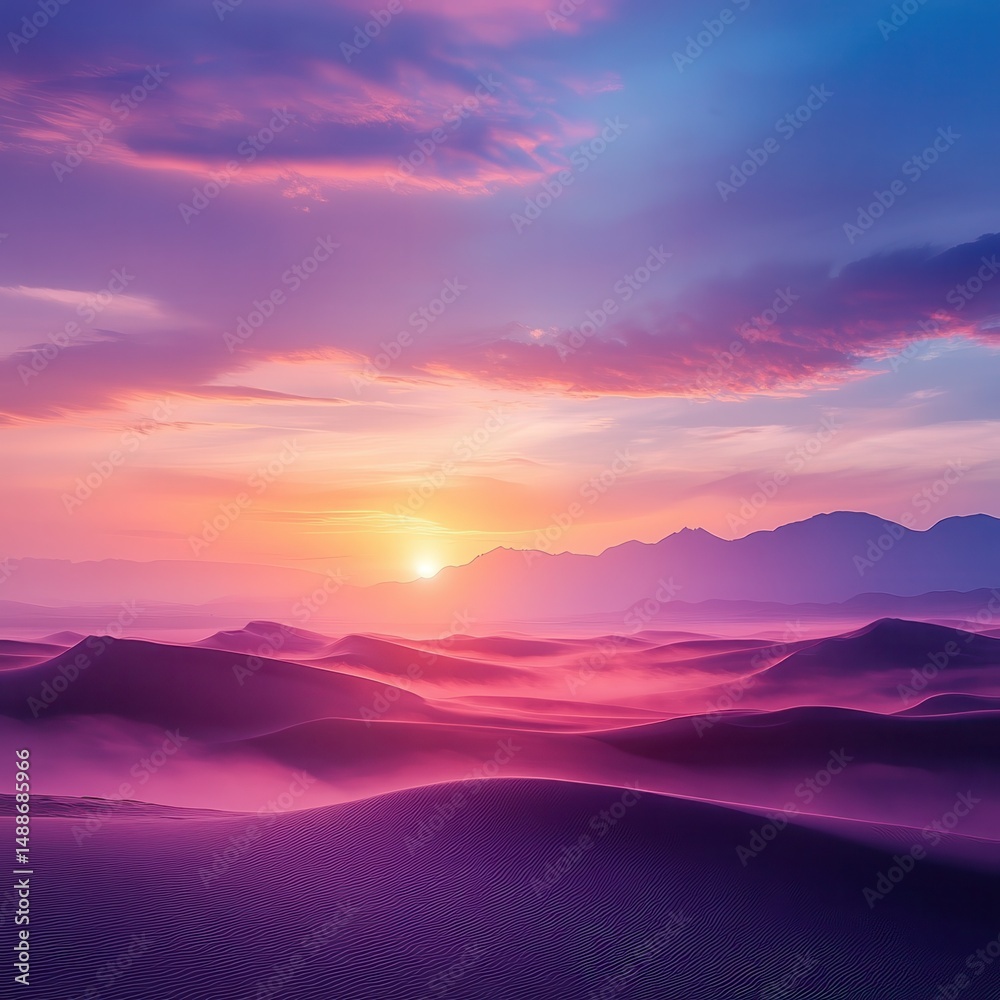 Fototapeta premium Vibrant Sunset Over Sand Dunes and Mist.