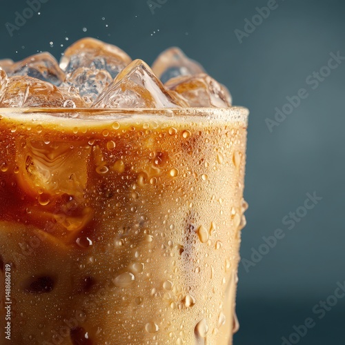 Close-up of an iced coffee drink, condensation on the glass, ice cubes melting. Refreshing summer beverage.