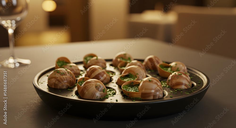 Fototapeta premium Delectable Escargots A Culinary Delight of French Gastronomy, Perfectly Prepared and Served in a Gourmet Setting