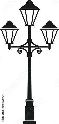 ornate antique street lamp, wrought iron lamp post, classic ornamental lamp fixture, urban architectural lighting, black and white silhouette illustration
