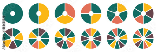 Set of infographic circle chart, pies segmented with equal parts, Wheels divided in eleven sections, Wheel round diagram part symbol. Three phase, six circular cycle. Geometric element. eps 10