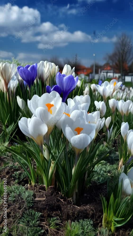 Close-up of blooming white and blue crocus flowers with bright orange stamens on a beautiful spring day against a partly cloudy sky