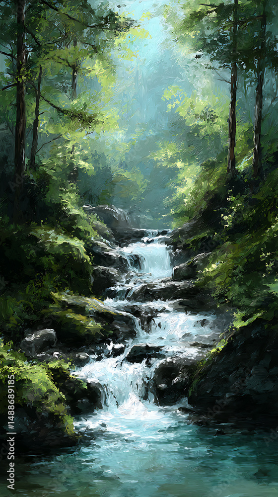 Fototapeta premium Anime Manga Illustration of a Serene Waterfall in a Mystical Forest