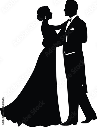 elegant formal couple dancing, ballroom dance, high contrast black and white silhouette, dramatic lighting, minimalist style
