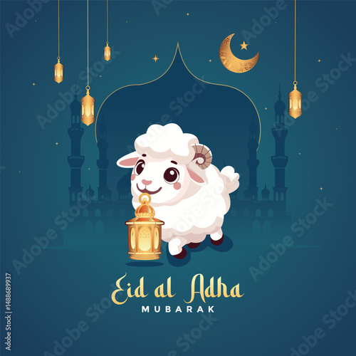 Beautiful Eid al Adha art greetings. goat holding Arabic lantern. Arabian culture background. abstract vector illustration design.
