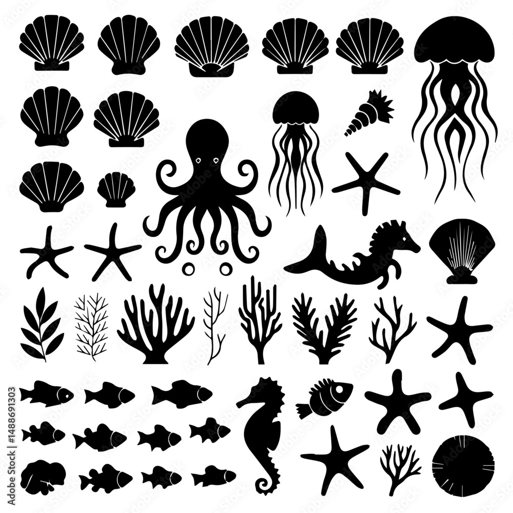Obraz premium Large collection of black marine life silhouettes including fish, seashells, starfish, corals, and sea creatures, arranged in neat rows on a white background.