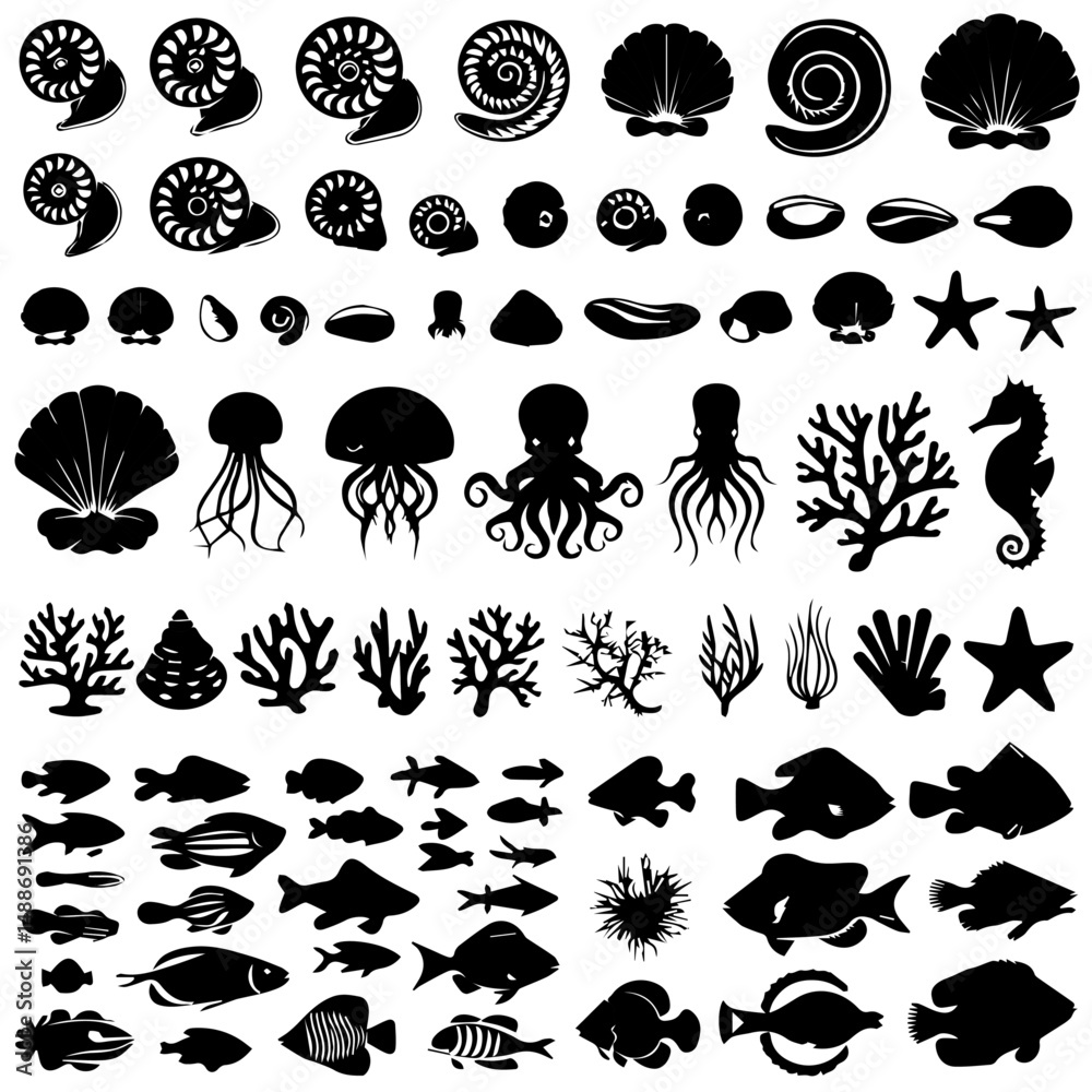 Naklejka premium Large collection of black marine life silhouettes including fish, seashells, starfish, corals, and sea creatures, arranged in neat rows on a white background.