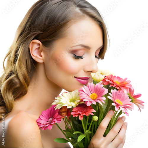 portrait of a woman smelling flowers isolated on transparent background