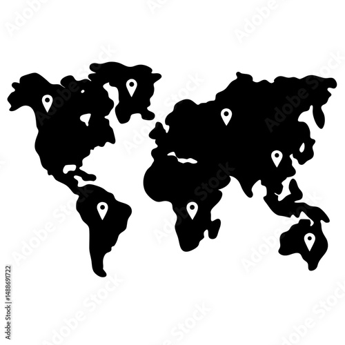 Simplified world map silhouette with location pins indicating different continents or regions