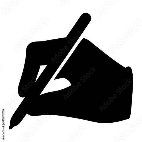 Black and white silhouette illustration of a hand holding a pen writing