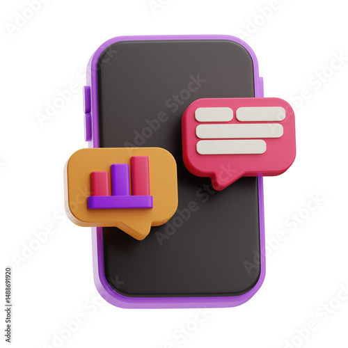 3D Illustration of Chat and Data Icons on Smartphone