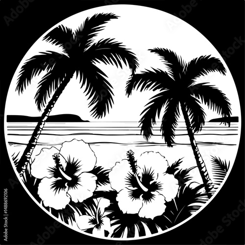 Summer Day Tropical Island Scene – Hibiscus Flowers & Palm Tree Line Art"