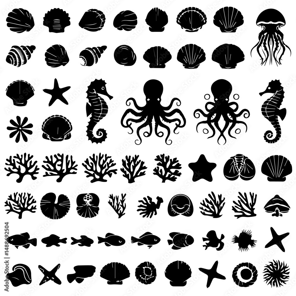 Naklejka premium Large collection of black marine life silhouettes including fish, seashells, starfish, corals, and sea creatures, arranged in neat rows on a white background.