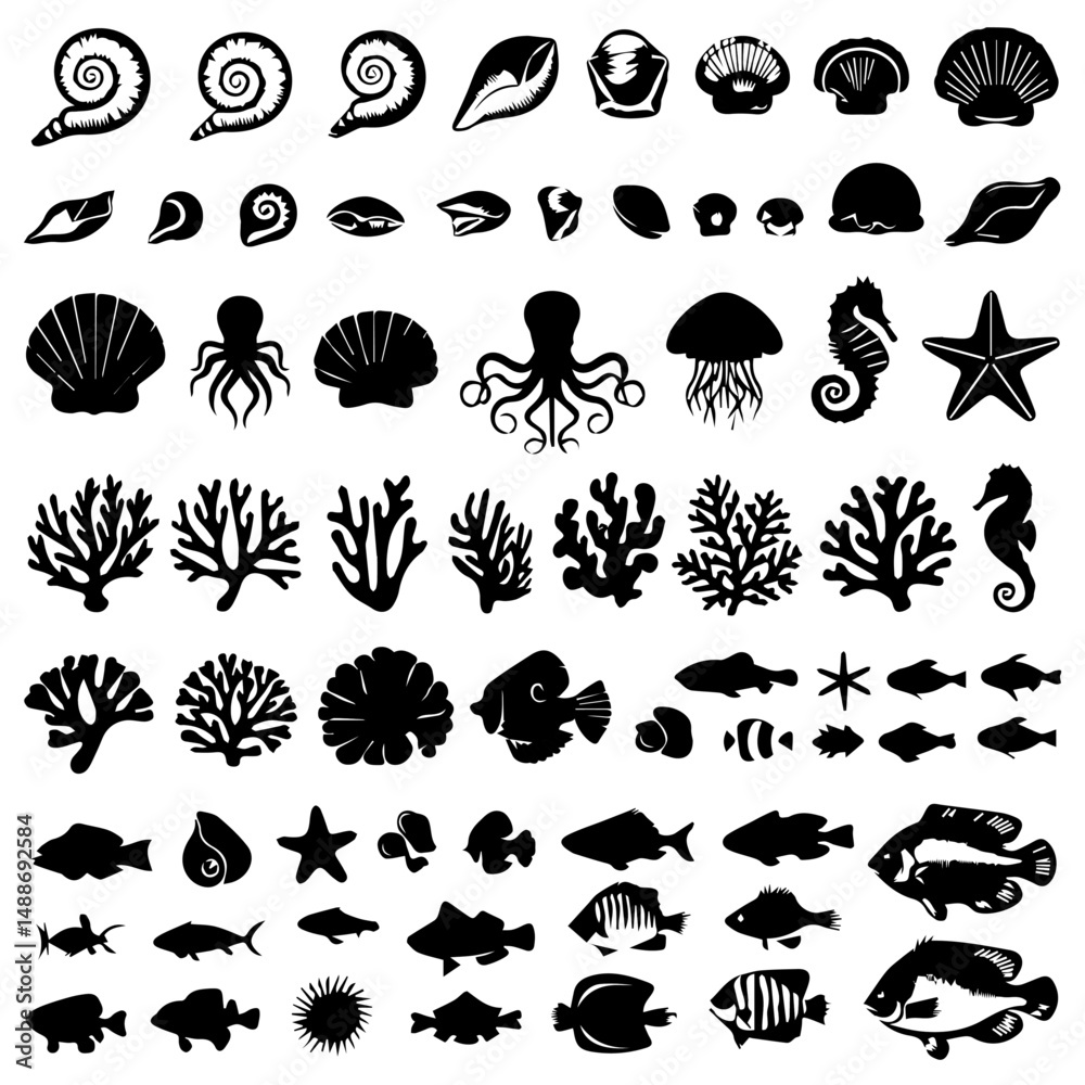Naklejka premium Large collection of black marine life silhouettes including fish, seashells, starfish, corals, and sea creatures, arranged in neat rows on a white background.