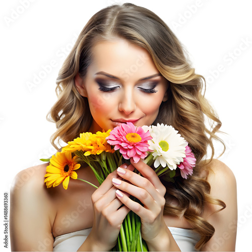 portrait of a woman smelling flowers isolated on transparent background